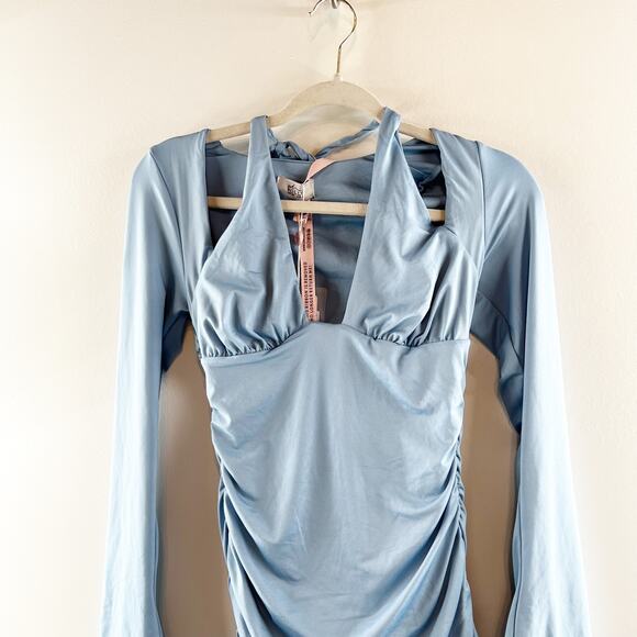 Oh Polly Short and Sweet Halter Cutout Long Bell Sleeve Mini Dress Blue 6 - Picture 4 of 8